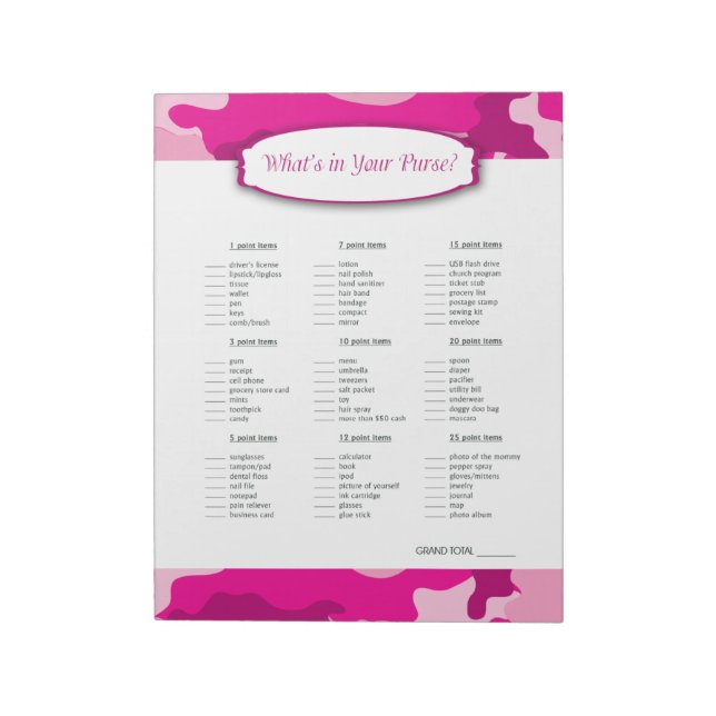 What's in your purse Pink Camo Baby Shower Game Notepad (Rotated)