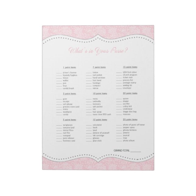 What's in your purse Pink Grey Damask shower game Notepad (Rotated)