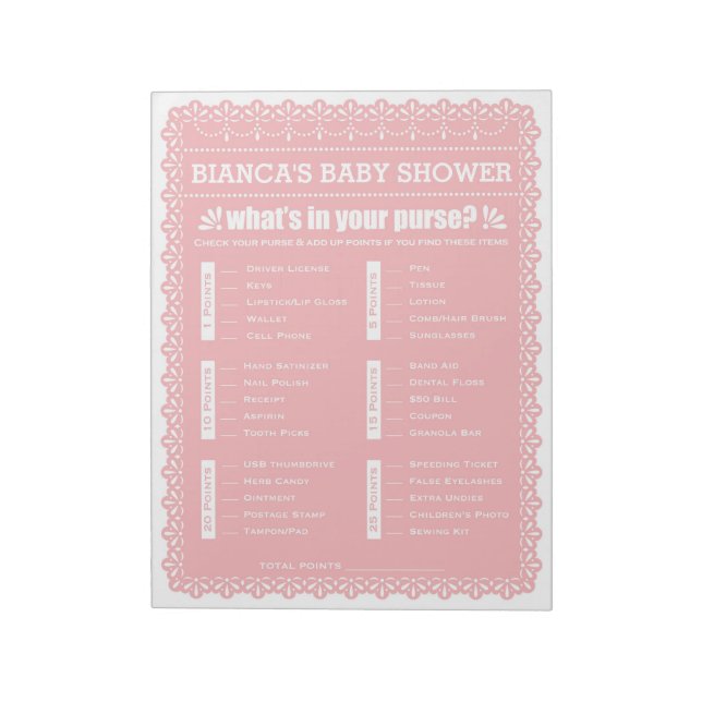 What's In Your Purse Pink Papel Picado Baby Shower Notepad (Rotated)