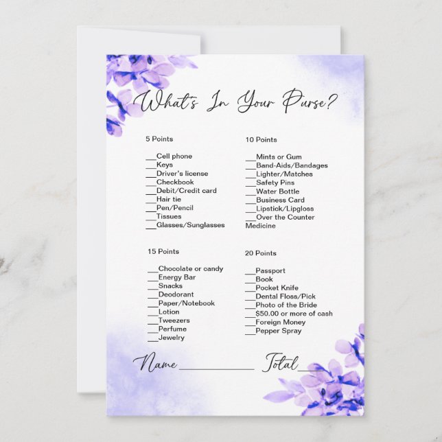 What's In Your Purse Purple Floral Bridal Shower Invitation (Front)
