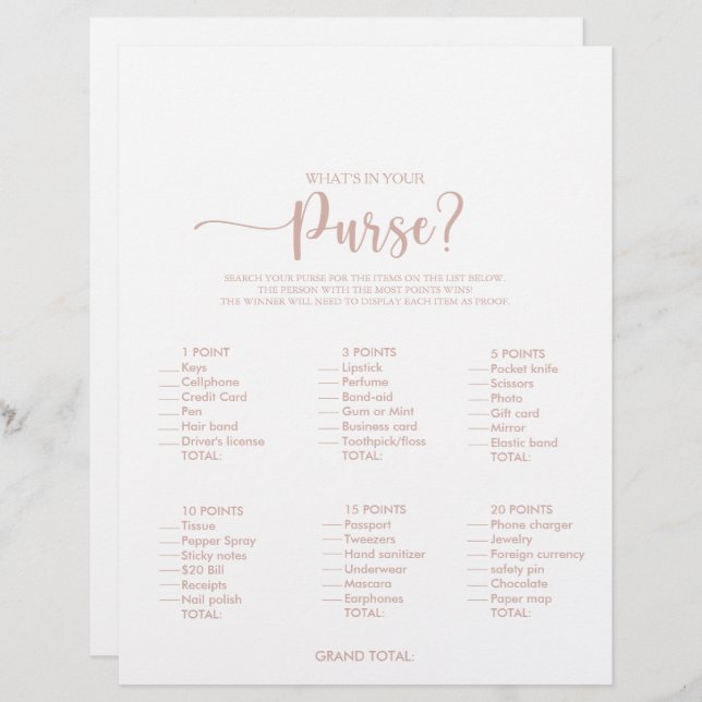 What's in your Purse Rose Gold Bridal Shower Game (Front/Back)