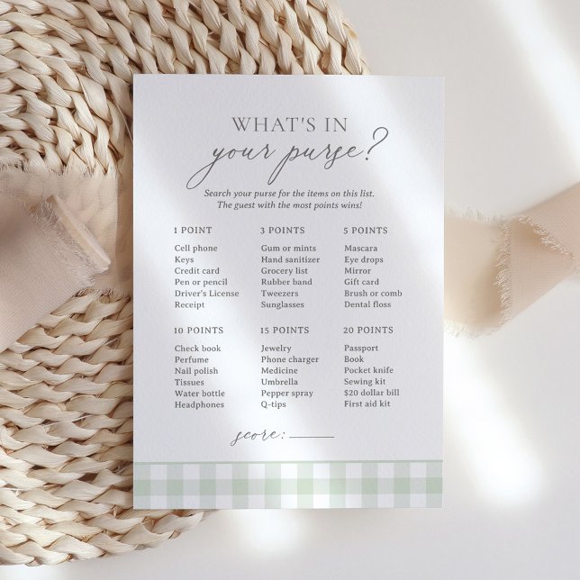 What's in Your Purse Sage Gingham Baby Shower Game Invitation (Creator Uploaded)