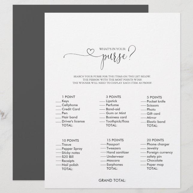 What's in your Purse Script Bridal Shower Game (Front/Back)