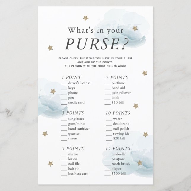 What's in Your Purse Star Blue Baby Shower Game (Front)