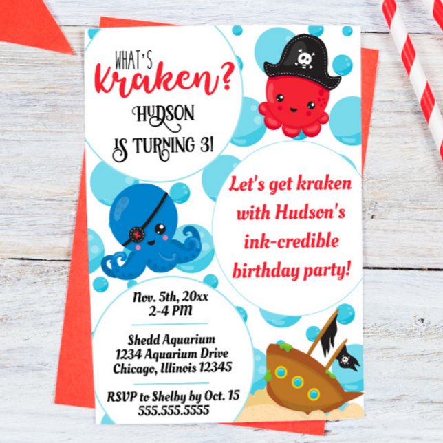 "What's Kraken" Octopus Pirate Children's Birthday Invitation ("what's kraken" octopus pirate themed birthday party invitation)