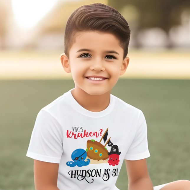 "What's Kraken" Octopus Pirate Children's Birthday Toddler T-Shirt ("What's Kracken?" Children's birthday party shirt. Features a pirate octopus ocean theme)
