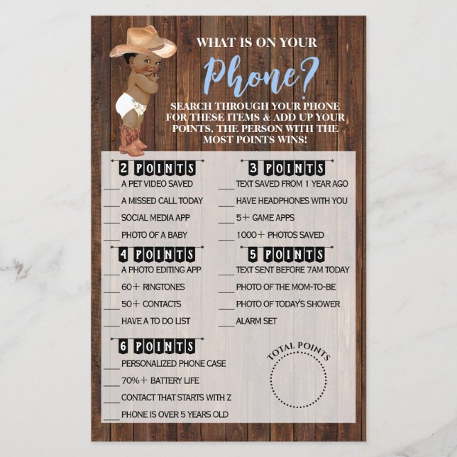 What's on your Phone AA Cowboy Shower Game Card (Front)