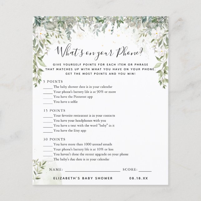 What's On Your Phone | Baby Shower Game (Front)