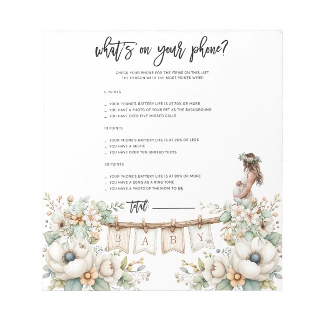 Whats on your phone? Baby Shower Game Notepad (Front)