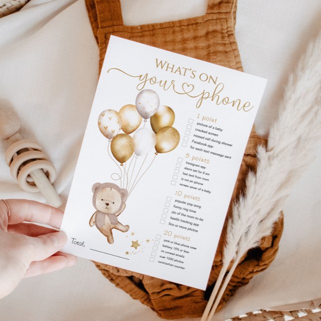 What's on Your Phone Bear Balloon Baby Shower Game Invitation (Creator Uploaded)