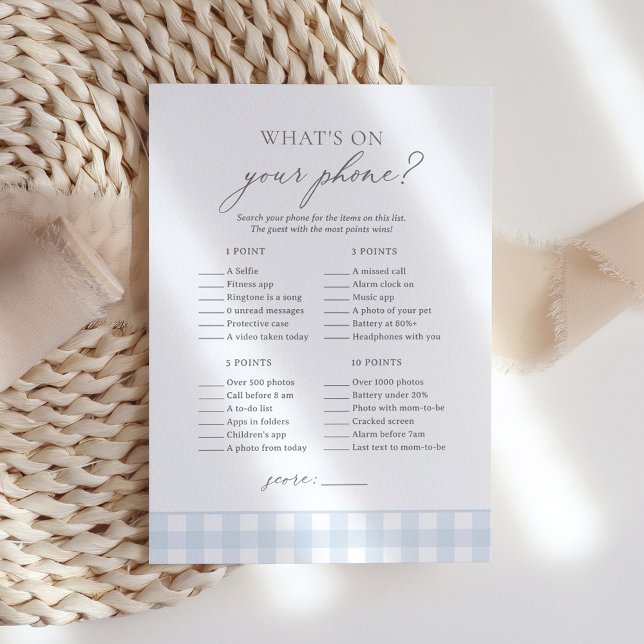 What's on Your Phone Blue Gingham Baby Shower Game Invitation (Creator Uploaded)