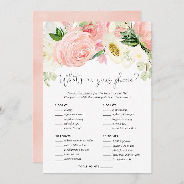 What's on your phone bridal shower game blush pink invitation (Front/Back)