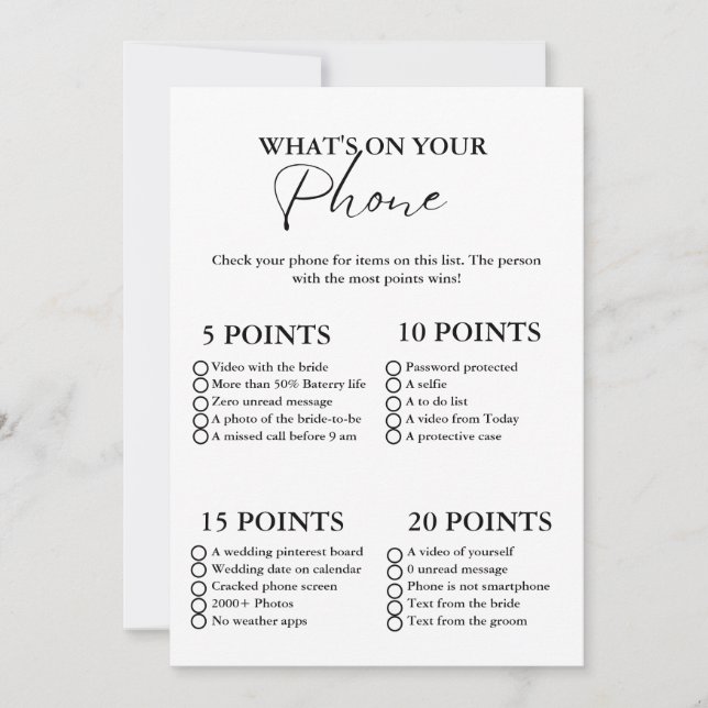  What's on Your Phone bridal shower game card (Front)
