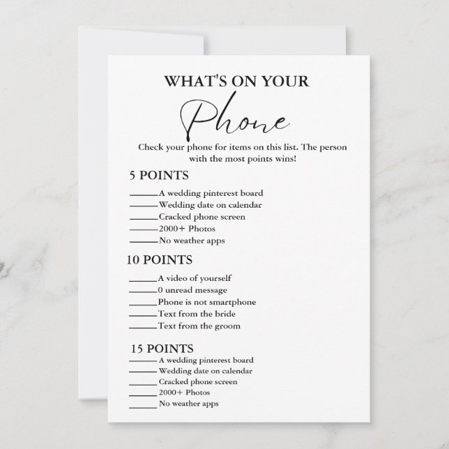  What's on Your Phone bridal shower game card (Front)