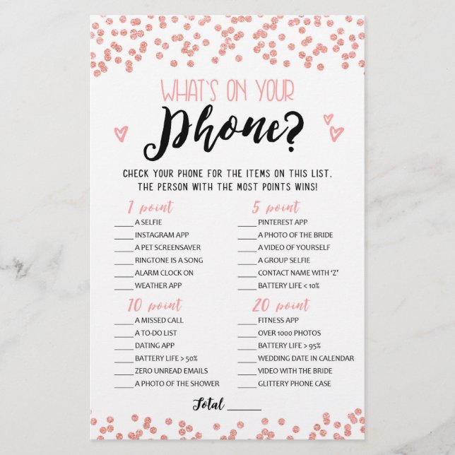 What's on your phone Bridal Shower, Hen Party game (Front)