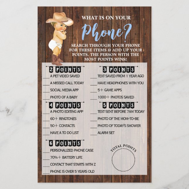 What's on your Phone Cowboy Baby Shower Game Card (Front)