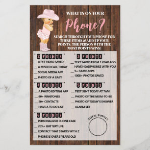 Whats on your Phone Cowgirl Baby Shower Game Card
