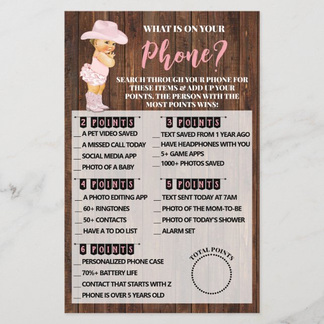 Whats on your Phone Cowgirl Baby Shower Game Card (Front)