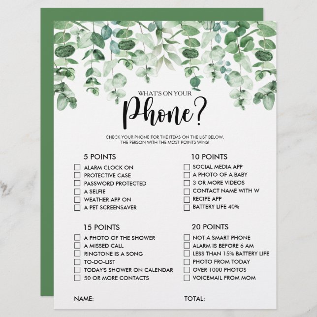 What's on your Phone Eucalyptus Bridal Shower Game (Front/Back)