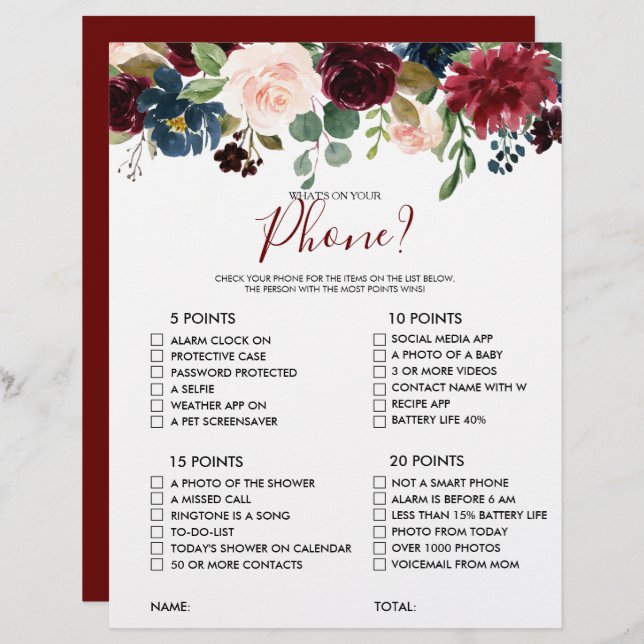 What's on your Phone Floral Bridal Shower Game (Front/Back)