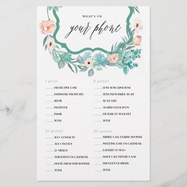 What's On Your Phone Floral Bridal Shower Game (Front)