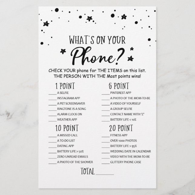 What's on your Phone? Game Baby Shower Party game (Front)