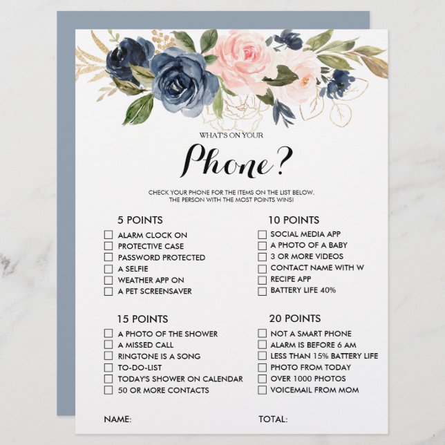 What's on your Phone Gold Navy Bridal Shower Game (Front/Back)