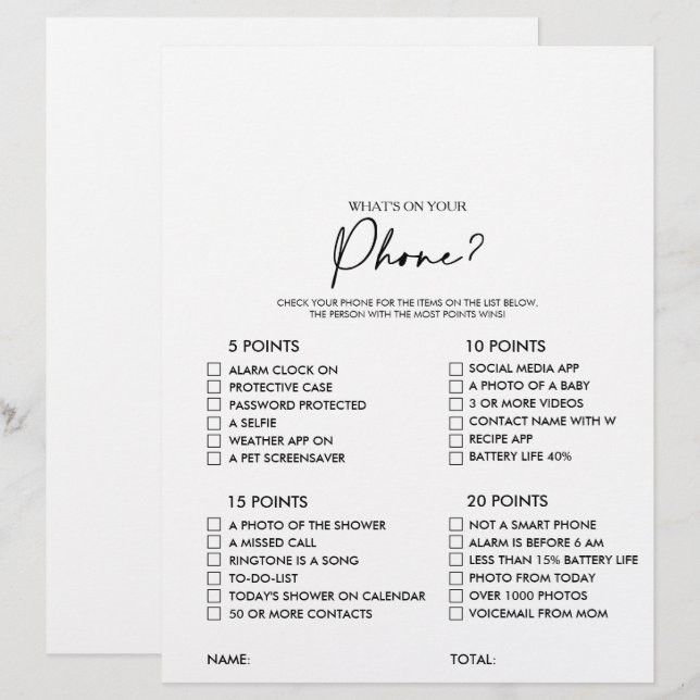 What's on your Phone Modern Bridal Shower Game (Front/Back)