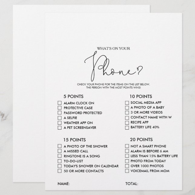 What's on your Phone Rustic Bridal Shower Game (Front/Back)