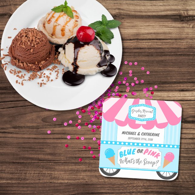 What's The Scoop Ice Cream Parlour Gender Reveal Square Paper Coaster (Creator Uploaded)