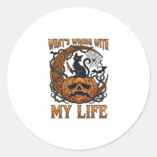 Whats Wrong Life Halloween Black Cat Pumpkin Knife Classic Round Sticker
