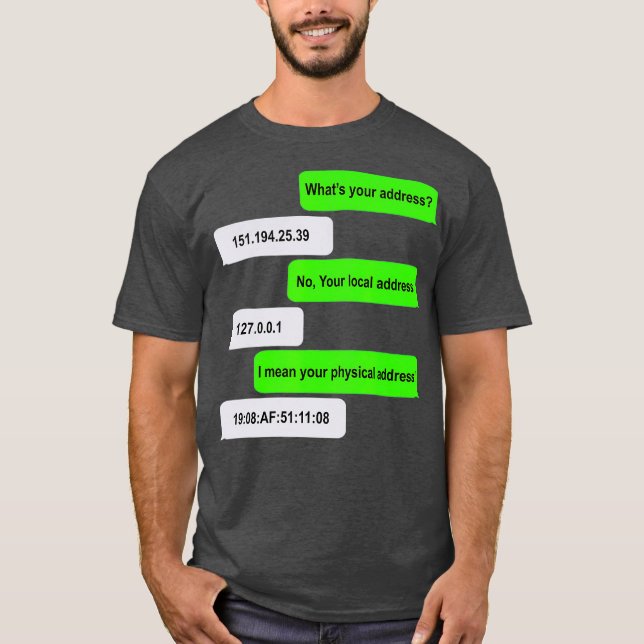 Whats Your Address Funny Networking Computer T-Shirt (Front)