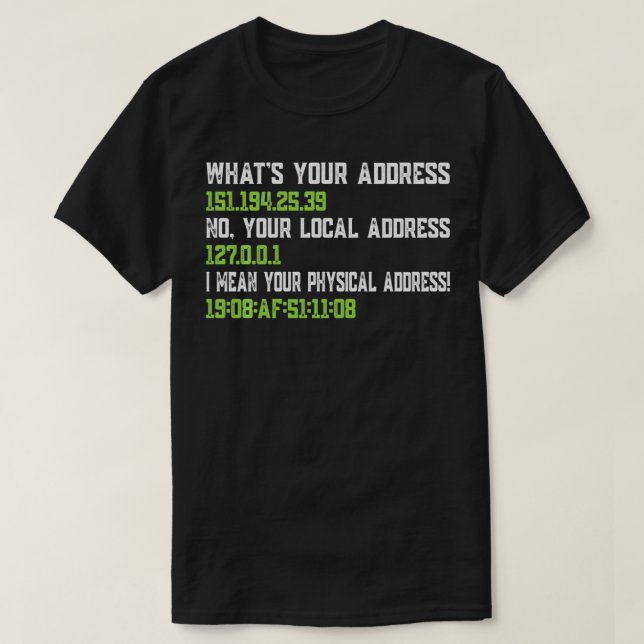 Whats Your Address Funny Networking IT Programmers T-Shirt (Design Front)