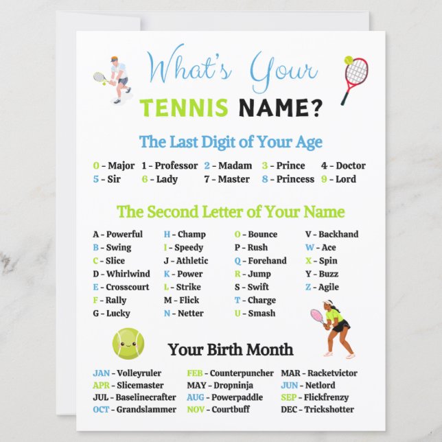 What's Your Tennis Name Game (Front)
