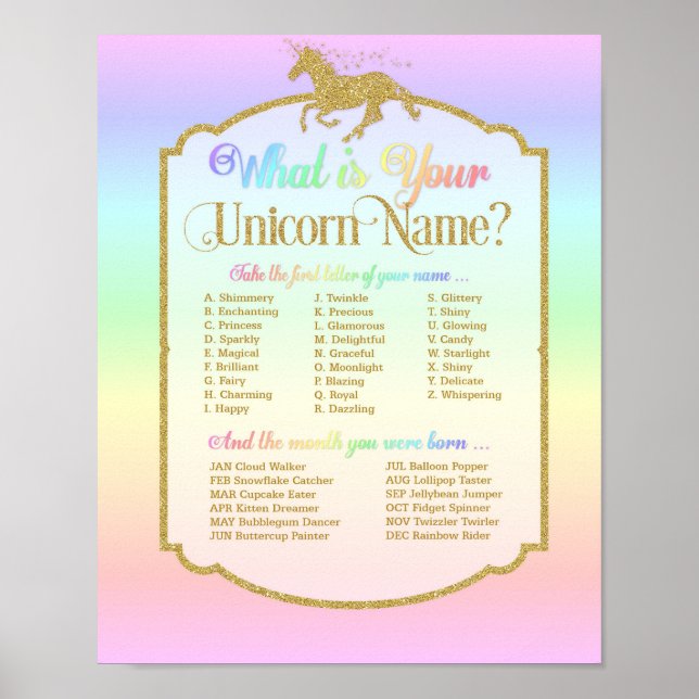 What's Your Unicorn Name Birthday Party Game Poster (Front)