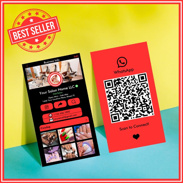 WhatsApp Nail Salon Red | Social Media QR Code Business Card (Creator Uploaded)