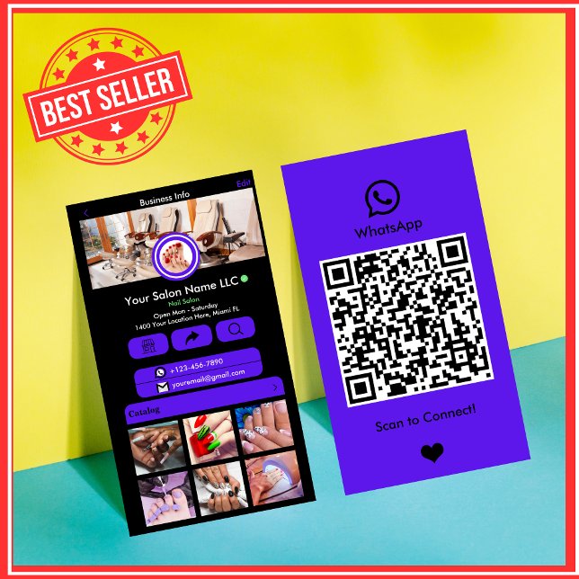 WhatsApp Nail Salon Violet Social Media QR Code Business Card (Creator Uploaded)