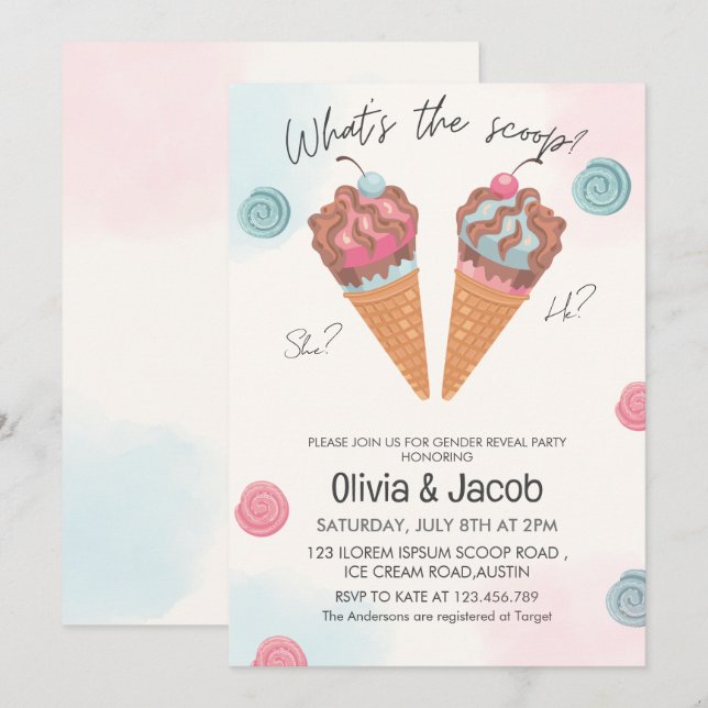 Whats's the scoop ice cream gender reveal party invitation (Front/Back)