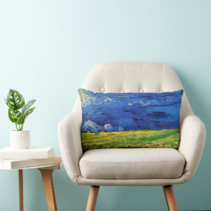 Wheat Field Under Clouded Sky by Vincent van Gogh Lumbar Cushion