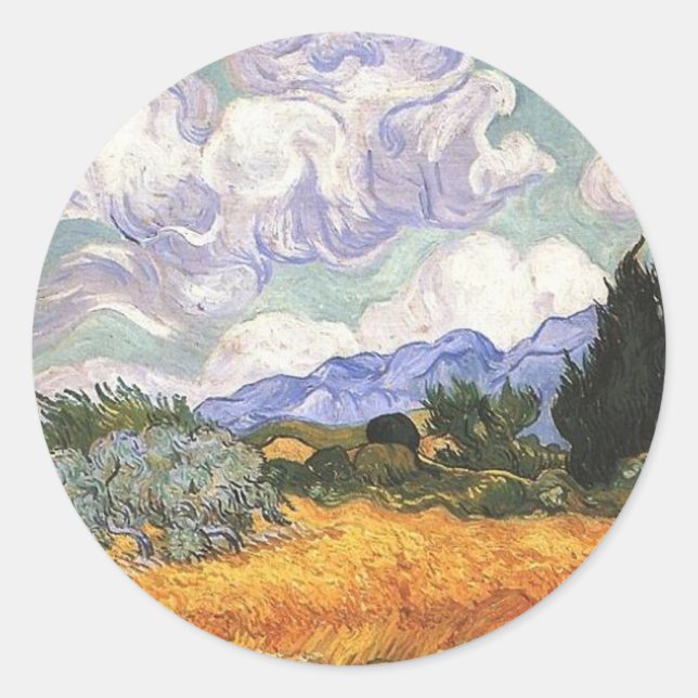 Wheat Field with Cypress by Van Gogh. Classic Round Sticker (Front)
