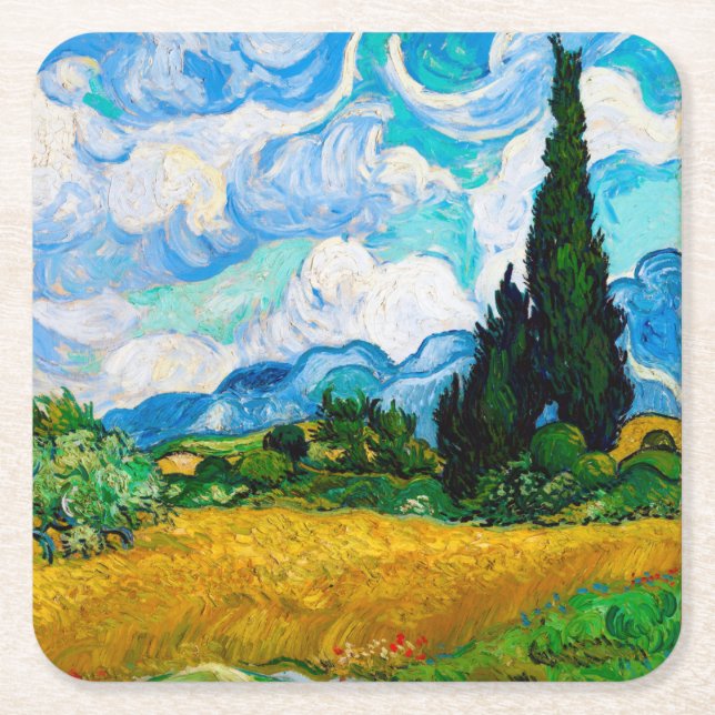 Wheat Field with Cypresses, Van Gogh Square Paper Coaster (Front)