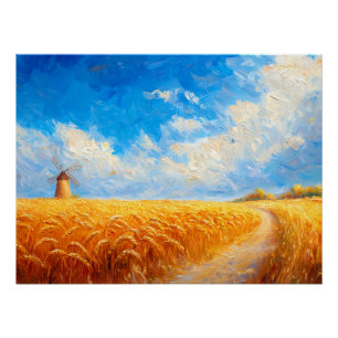Wheat Field with Distant Windmill Poster