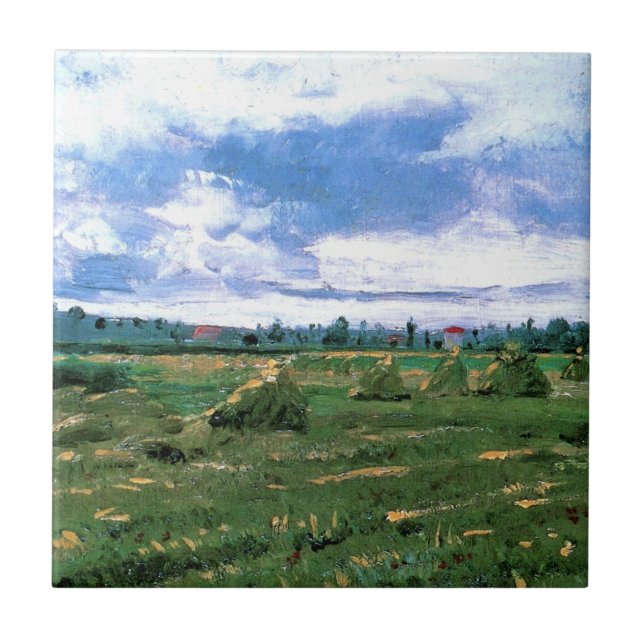 Wheat Fields with Haystacks by Vincent van Gogh Ceramic Tile (Front)