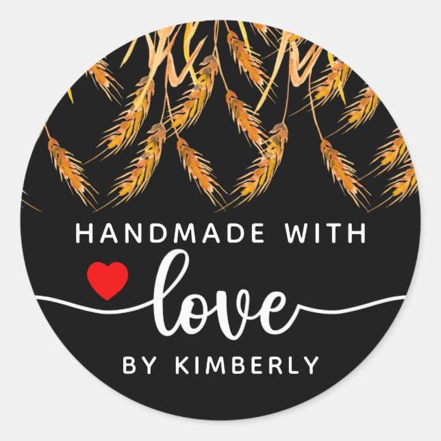 Wheat Handmade with Love Black Classic Round Sticker (Front)