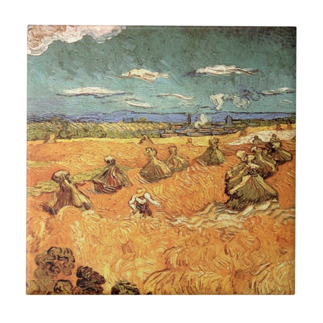 Wheat Stacks with Reaper by Vincent van Gogh Ceramic Tile (Front)