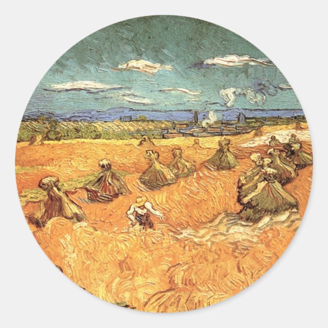 Wheat Stacks with Reaper by Vincent van Gogh Classic Round Sticker (Front)