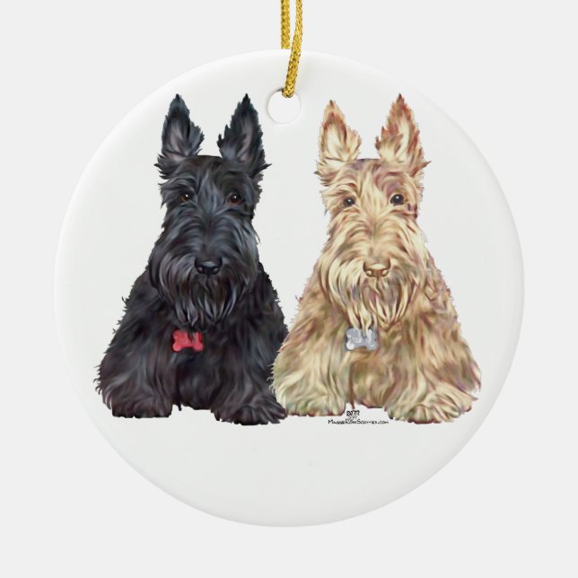 Wheaten and Black Scottie Dogs Ceramic Tree Decoration (Front)