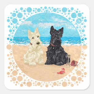Wheaten & Black Scotties at the Beach Square Sticker