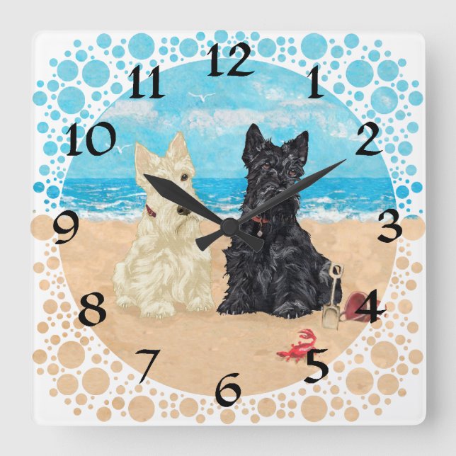 Wheaten & Black Scotties at the Beach Square Wall Clock (Front)