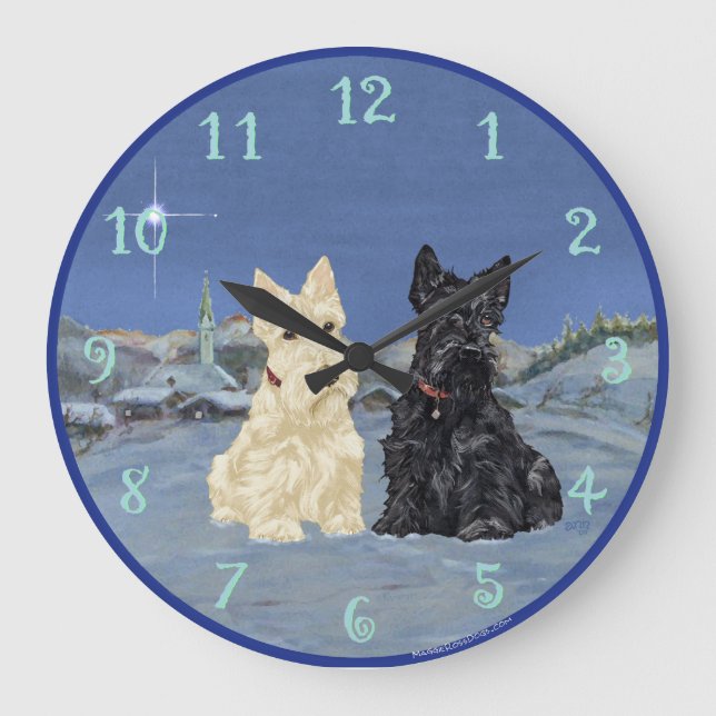 Wheaten Black Scotties Christmas Large Clock (Front)